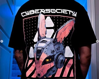 CYB3R BUNNY Oversized Cyberpunk Tee - Distressed Wash