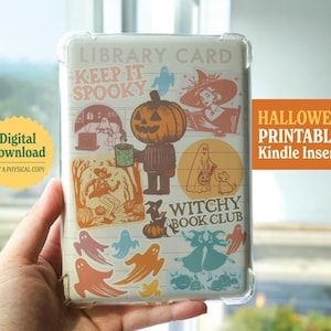 Süßer Halloween Kindle Einsatz Druckbare Retro Bibliothek Karte, Bücherwurm Gruseliger Leser Einsatz für Klarsichthülle Colorsoft Basic Paperwhite
