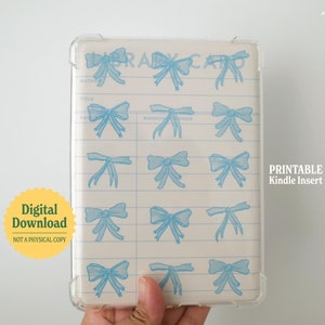 Inserto imprimible para Kindle con lazos azules, diseño de libros, inserto para tarjeta de biblioteca, accesorio para Kindle, decoración básica, Paperwhite, Oasis, Colorsoft 2024