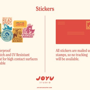 May include: A selection of vibrant stickers with book-related designs, such as "Pretty Girls Read Books" and "I'm Fully Booked." The image also shows a red envelope with a stamp, and the word "Stickers."