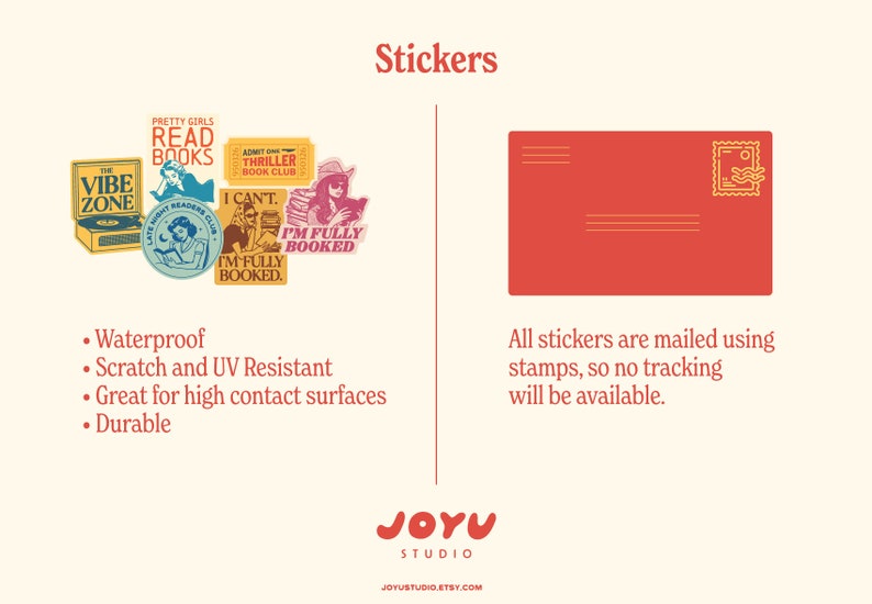 May include: A selection of vibrant stickers with book-related designs, such as "Pretty Girls Read Books" and "I'm Fully Booked." The image also shows a red envelope with a stamp, and the word "Stickers."