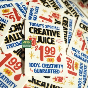 May include: A pile of white stickers with the text "Today's Special! Creative Juice" in black and red. The stickers also feature the price &pound;1.99, starbursts, and the phrase "100% Creativity Guaranteed."