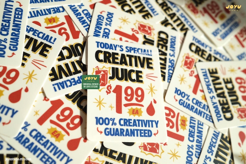 May include: A pile of white stickers with the text "Today's Special! Creative Juice" in black and red. The stickers also feature the price &pound;1.99, starbursts, and the phrase "100% Creativity Guaranteed."