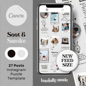 May include: A digital Instagram puzzle template with a light grey background. The design includes a smartphone displaying a grid of photos and graphics. Text includes "Canva", "Soot & Smoke", and "27 Posts Instagram Puzzle Template".