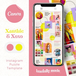 Pode incluir: Um modelo de quebra-cabeça do Instagram colorido com um esquema de cores rosa, amarelo e verde. O modelo apresenta uma grade de nove quadrados com diferentes imagens e texto. O texto inclui "Xanthic & Xoxo", "Potenti Ipsum 50% enim vel turpis", "Sollicitudin quam as", "Pellentesque ne neque", "Nulla mattis dapibus", "Aliquam ligula", "huefully made" e "Instagram Puzzle Template".