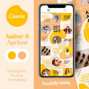 May include: A template for an Instagram puzzle featuring a grid of nine squares with a yellow and orange color scheme. The squares contain images of sunglasses, a dog, a person wearing sunglasses, and text. The text includes the words "Amber & Apricot", "Instagram Puzzle Template", "Ante Ante Ante", "Donec At Orci Dolor", "Lectus Rutrum Venenatis", "Fusce Ultrices Tortor", "Present Eu Nunc A Lectus", "Orci Eu 50% Nec", "Ultrices Et Mollis Eu Semper", "Done At Orci Dolor", "Lectus Rutrum Venenatis".