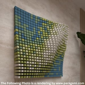 Puede incluir: Una moderna obra de arte mural con efecto 3D. La obra está compuesta por pequeños bloques cuadrados en tonos de azul, verde y blanco, creando un patrón ondulado. La pieza está montada en una pared de color neutro.