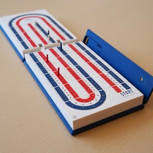 May include: A cribbage board game in blue, white, and red. The open board shows the playing surface with tracks and peg holes. The word "START" is visible. Several pegs are in place, ready for the game.