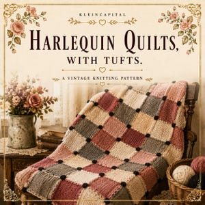 Op de afbeelding: Een gebreide deken met een ruitpatroon van gedempt roze, beige en grijze vierkanten, geaccentueerd met kleine zwarte pluisjes op elke hoek. De tekst luidt KLEINCAPITAL HARLEQUIN QUILTS, WITH TUFTS. A VINTAGE KNITTING PATTERN.
