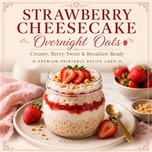 May include: A premium printable recipe card titled Strawberry Cheesecake Overnight Oats. The text reads Creamy, Berry-Sweet & Breakfast-Ready. A glass jar contains layered oats, strawberry jam, and cream, topped with fresh strawberry slices and granola.