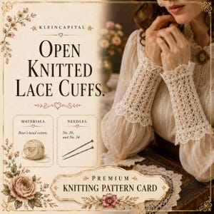 May include: A premium knitting pattern card titled Open Knitted Lace Cuffs by Kleincapital. The card displays materials including Boar's-head cotton and needles No. 20 and No. 34, alongside an illustration of cream-colored lace cuffs on arms.