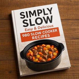 Op de afbeelding: Een wit kookboek met de titel "SIMPLY SLOW Easy & Delicious 980 SLOW COOKER RECIPES" in zwarte en oranje tekst. De omslag toont een close-up van een zwarte slowcooker gevuld met een stoofpotje van rundvlees, wortelen en aardappelen.