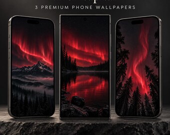 Red Northern Lights Phone Wallpaper Set of 3, Dark Aurora Digital Download
