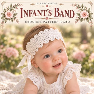Può includere: Una fascia all'uncinetto bianca con bordo smerlato e un piccolo fiocco in nastro di raso. Il testo in alto recita KLEINCAPITAL INFANT'S BAND CROCHET PATTERN CARD, incorniciato da illustrazioni floreali su sfondo crema con sfondo esterno sfocato.