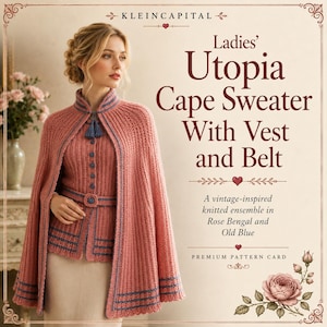 May include: A rose-colored knitted cape sweater ensemble featuring a vest and belt with old blue trim. The text reads: KLEINCAPITAL, Ladies' Utopia Cape Sweater With Vest and Belt, A vintage-inspired knitted ensemble in Rose Bengal and Old Blue, PREMIUM PATTERN CARD.