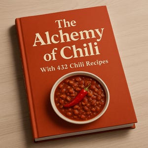 Könnte beinhalten: Ein orangefarbenes Kochbuch mit dem Titel "The Alchemy of Chili" mit 432 Chili-Rezepten. Das Cover hat weißen Text und eine Schüssel Chili mit einer roten Chilischote. Das Buch liegt auf einer hellen Holzoberfläche.