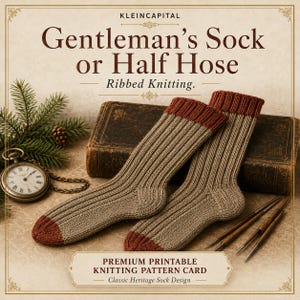 Może przedstawiać: Para skarpet z dzianiny ściągaczowej w kolorze opalenizny i rdzy z kartą wzoru dziewiarskiego do druku zatytułowaną Gentleman's Sock or Half Hose. Obraz zawiera zabytkowy zegarek kieszonkowy, ciemną książkę i druty do robótek ręcznych.