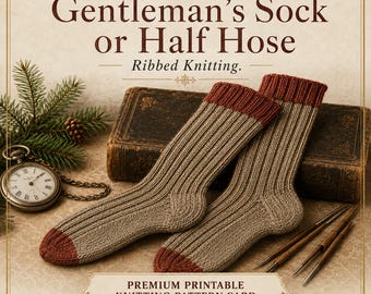 Gentleman's Sock Knitting Pattern Card | Vintage Men's Ribbed Half Hose (Digital Download)