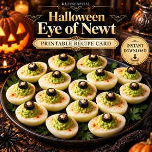May include: A printable recipe card titled Halloween Eye of Newt featuring a platter of deviled eggs topped with green filling and black olive slices, arranged on a dark plate with parsley garnish and text indicating an instant download.