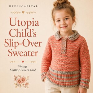 May include: A child's long-sleeve knit sweater featuring a coral and gray striped pattern, a textured collar, and a three-button placket. The text on the image reads KLEINCAPITAL Utopia Child's Slip-Over Sweater Vintage Knitting Pattern Card.
