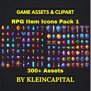 May include: A selection of RPG item icons, including gems, shields, swords, and other fantasy game assets. The image displays a variety of colourful icons, with the text "GAME ASSETS & CLIPART" and "RPG Item Icons Pack 1". The image also states "300+ Assets" and "BY KLEINCAPITAL".