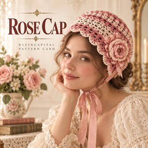 May include: A crochet cap featuring alternating stripes of dusty pink and cream yarn with a scalloped edge. A large, layered fabric rose embellishment is attached to the side. The cap includes long, matching pink ribbon ties and displays the text ROSE CAP KLEINCAPITAL PATTERN CARD.