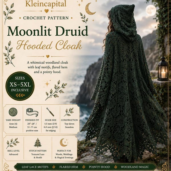 Moonlit Druid Hooded Cloak Crochet Pattern Card | Fantasy Woodland Cape | XS–5XL Digital Download