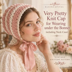May include: A pink and cream striped knit cap with a satin ribbon tie under the chin. The text reads: KLEINCAPITAL Very Pretty Knit Cap for Wearing under the Bonnet including Neck Caser VINTAGE KNITTING PATTERN. The cap features a textured pattern.