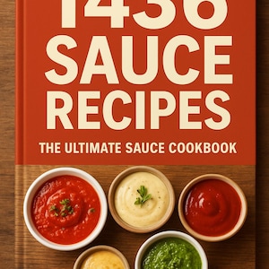 Może przedstawiać: Książka kucharska z czerwoną okładką zatytułowana "1436 Sauce Recipes" z podtytułem "The Ultimate Sauce Cookbook". Na drewnianej desce ułożono kilka małych miseczek z czerwonymi, żółtymi i zielonymi sosami, prezentując różne opcje kulinarne.