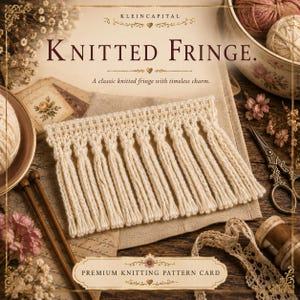 May include: A cream-colored knitted fringe trim featuring a series of vertical yarn loops attached to a horizontal braided header. The text KNITTED FRINGE. A classic knitted fringe with timeless charm. and PREMIUM KNITTING PATTERN CARD is visible.