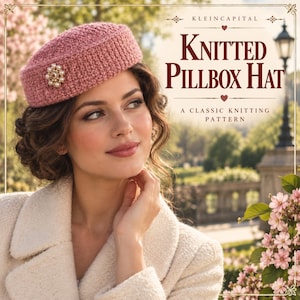 May include: A dusty pink knitted pillbox hat featuring a circular pearl and rhinestone brooch on the side. The text on the image reads KLEINCAPITAL KNITTED PILLBOX HAT A CLASSIC KNITTING PATTERN. The hat has a textured, ribbed knit construction.