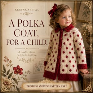 Puede incluir: Una tarjeta de patrón de tejido premium con el texto A POLKA COAT, FOR A CHILD. A timeless classic in brioche knitting. La imagen muestra a un niño con un abrigo de punto color crema con un patrón de lunares rojos, ribetes y botones rojos.