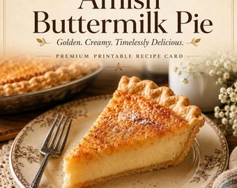 May include: A printable recipe card for Amish Buttermilk Pie featuring the text "Amish Buttermilk Pie", "Golden. Creamy. Timelessly Delicious.", "PREMIUM PRINTABLE RECIPE CARD", and "KleinCapital". The image shows a slice of pie on a plate.