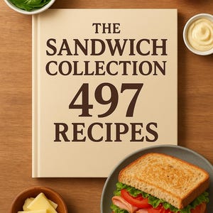 Puede incluir: Un libro de cocina titulado "The Sandwich Collection" con "497 Recetas" se muestra sobre una superficie de madera. Un sándwich con lechuga, tomate y carne está en un plato. Ingredientes como espinacas, queso, tomate y mayonesa están en cuencos pequeños.