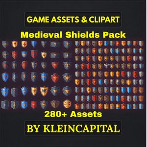May include: A pack of over 280 medieval shield assets and clipart. The shields are in various colours, including red, blue, gold, and brown, with different designs such as crosses, stars, and other heraldic symbols. The image text reads "GAME ASSETS & CLIPART" and "Medieval Shields Pack".