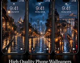 Rainy City Phone Wallpaper Set, Moody Night Street Lock Screen, Urban Digital Download