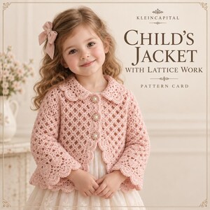 May include: A light pink crocheted jacket featuring a lattice work pattern, a scalloped collar, and three decorative pearl-centered buttons. The text on the image reads KLEINCAPITAL CHILD'S JACKET WITH LATTICE WORK PATTERN CARD.