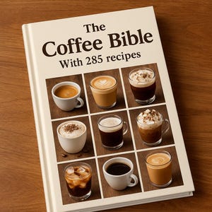 Puede incluir: Un libro titulado "The Coffee Bible" con 285 recetas. Muestra nueve tipos de café diferentes en tazas y vasos, incluyendo espresso, latte y café helado. El libro está sobre una superficie de madera.