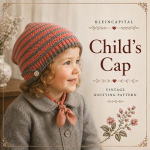 May include: A knitted beanie with horizontal stripes in coral and grey, featuring a small button detail on the side. The text reads KLEINCAPITAL Child's Cap VINTAGE KNITTING PATTERN, accompanied by a floral illustration in a decorative frame.