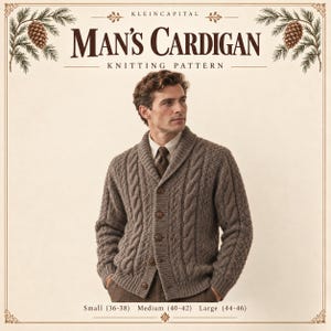 Może przedstawiać: Wzór dziewiarski na brązowy kardigan o splocie warkoczowym z szalowym kołnierzem i guzikami. Tekst brzmi KLEINCAPITAL MAN'S CARDIGAN KNITTING PATTERN z rozmiarami Small (36-38), Medium (40-42) i Large (44-46) wymienionymi na dole.