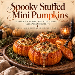 May include: A premium printable recipe card titled Spooky Stuffed Mini Pumpkins, A Savory, Creamy, and Comforting Halloween Favorite. The image features orange mini pumpkins stuffed with a creamy mixture, topped with herbs on a wooden tray.