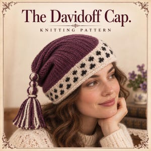 May include: A knitted cap in deep purple with a ribbed texture and a cream-coloured brim featuring a black star pattern. The cap includes a decorative tassel with cream and purple stripes hanging from the crown. Text reads The Davidoff Cap.