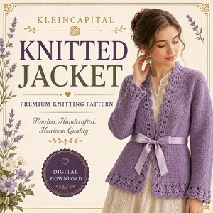 May include: A lavender knitted jacket with a scalloped edge and a satin ribbon tie at the waist. The text reads KLEINCAPITAL KNITTED JACKET PREMIUM KNITTING PATTERN Timeless. Handcrafted. Heirloom Quality. DIGITAL DOWNLOAD. Lavender flowers frame the text.