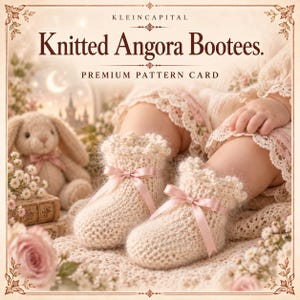 May include: A pair of cream-coloured knitted angora bootees featuring a scalloped edge and a light pink satin ribbon bow tied at the front. The text on the card reads KLEINCAPITAL Knitted Angora Bootees. PREMIUM PATTERN CARD.