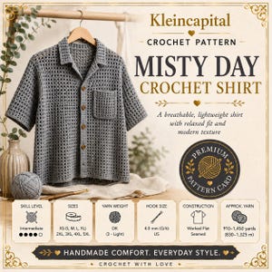 May include: A grey crochet shirt with a collar, short sleeves, and a chest pocket, displayed on a wooden hanger. The text reads Kleincapital Crochet Pattern Misty Day Crochet Shirt. Includes details for intermediate skill level, sizes XS-5XL, DK yarn, 4.0 mm hook, and 910-1,450 yards of yarn.