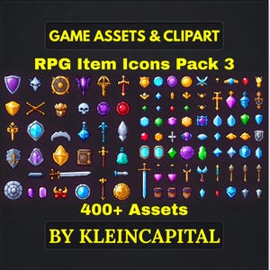 Puede incluir: Una colección de iconos de objetos RPG coloridos, que incluyen escudos, gemas, espadas y más. La imagen presenta el texto "GAME ASSETS & CLIPART" y "RPG Item Icons Pack 3". La imagen también indica "400+ Assets" y "BY KLEINCAPITAL".