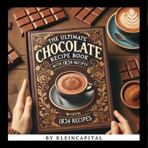 Op de afbeelding: Een hardcover chocoladereceptenboek met de titel "The Ultimate Chocolate Recipe Book" en de tekst "With 1834 Recipes". Het bruine boek heeft gouden accenten en bevat een illustratie van een kop warme chocolademelk. Chocoladerepen en een kop koffie zijn ook zichtbaar.