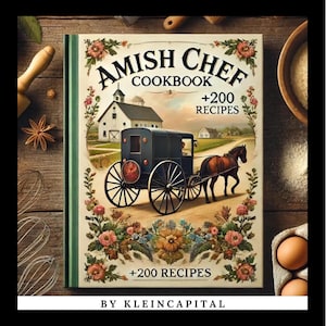 Può includere: Un libro di cucina con copertina rigida intitolato "Amish Chef Cookbook" con una scena pastorale sulla copertina. L'artwork della copertina presenta una carrozza trainata da cavalli, un fienile bianco e decorazioni floreali. Il libro promette oltre 200 ricette.