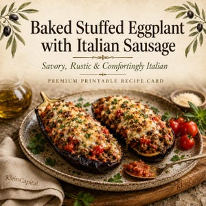 Op de afbeelding: Een printbare receptkaart met de titel Baked Stuffed Eggplant with Italian Sausage, Savory, Rustic & Comfortingly Italian. De afbeelding toont twee helften gevulde aubergine met vlees, tomaat en gesmolten kaas op een gespikkeld bord.