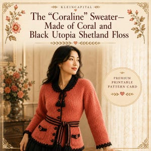 May include: A coral-colored knit sweater with black trim, a black collar, and a black waist tie. The text reads: KLEINCAPITAL The Coraline Sweater—Made of Coral and Black Utopia Shetland Floss. A circular badge states: PREMIUM PRINTABLE PATTERN CARD.